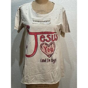 A Rare Bird Womens Rhinestone Tan Tee‎ Jesus Loves You Distressed Size S/M NWT